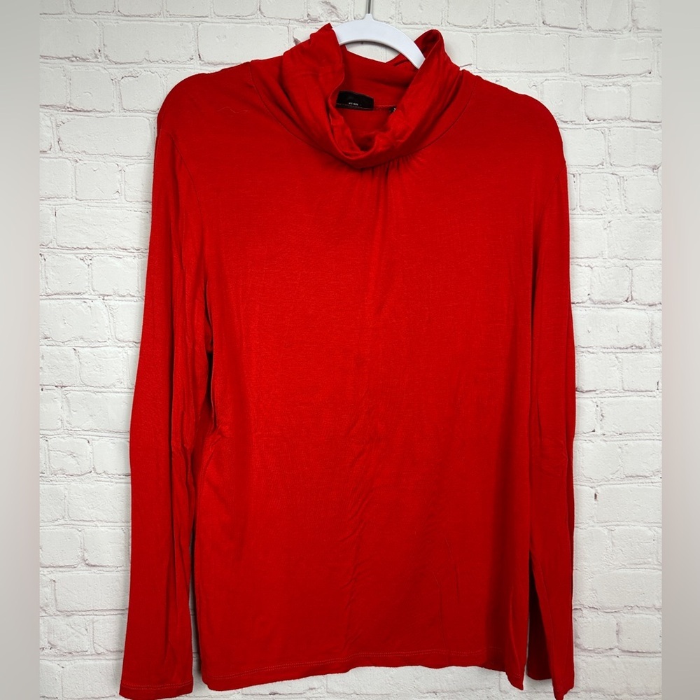 NY‎ & CO Stretch Knit Turtleneck Top red rayon pleated top shirt, sz L GUC